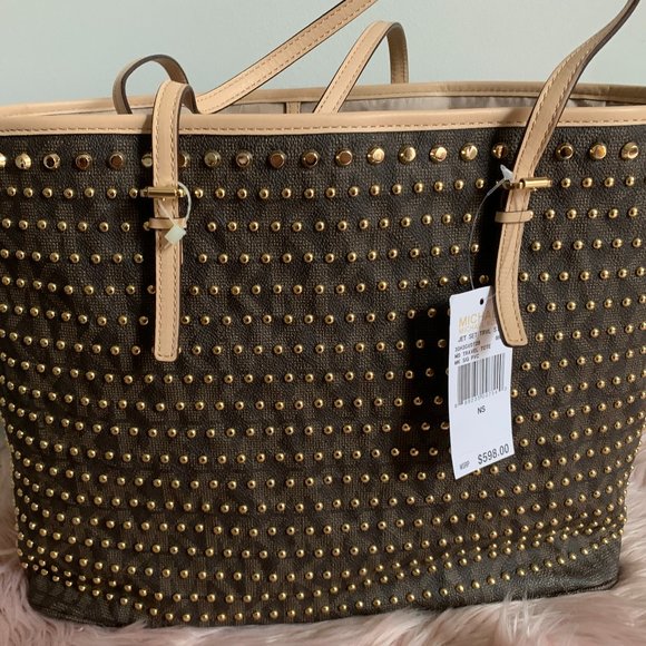 NWT! MICHAEL KORS MK STUDDED JET SET TRAVEL TOTE BAG WITH DUST BAG - Picture 4 of 13